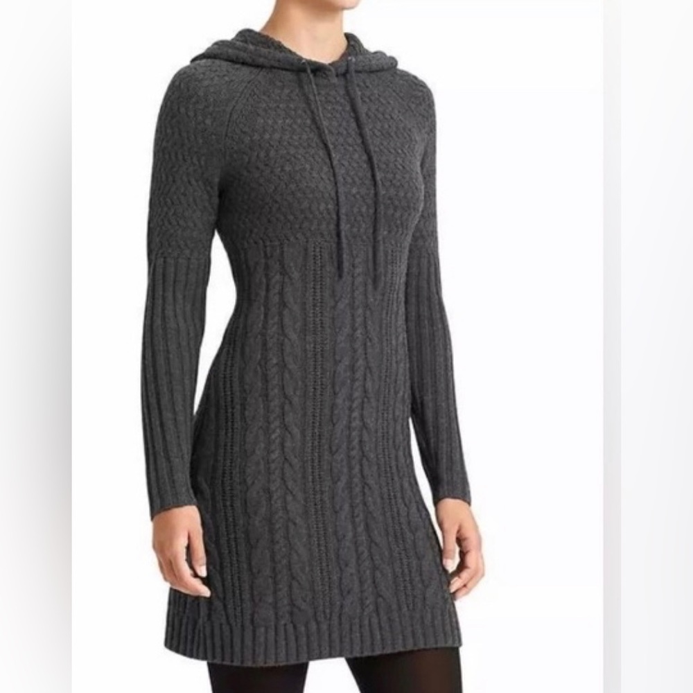 ATHLETA 100% Merino Wool hooded cable knit sweater dress Small Gray hoodie dress